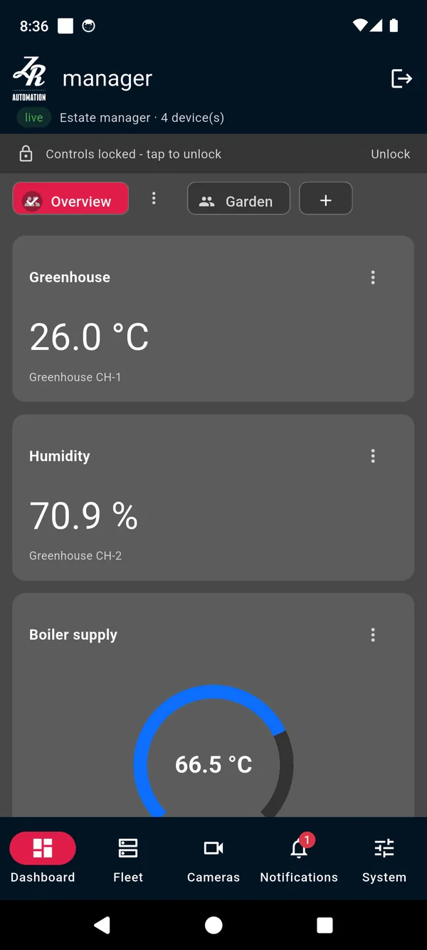 The ZRAutomation.Cloud app's dashboard on a phone