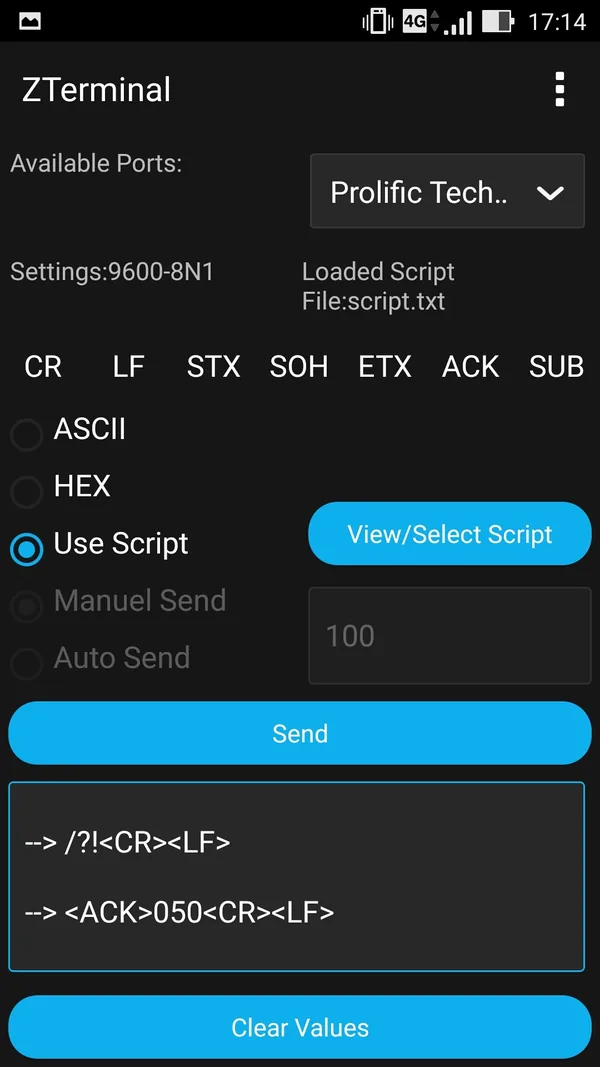 ZTerminal running a script, with the commands sent and the replies